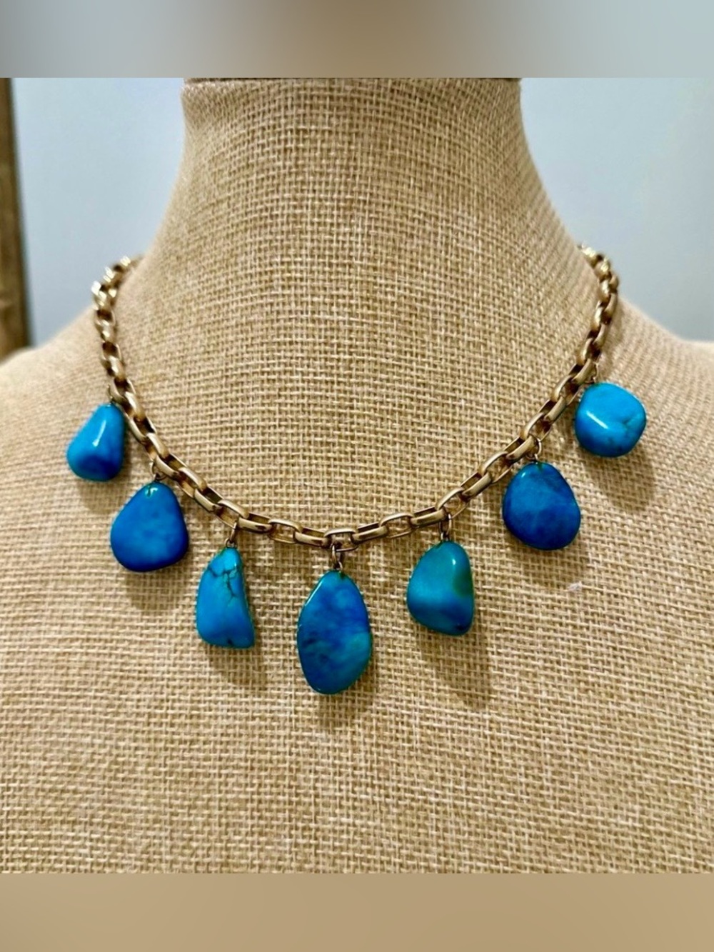 Turquoise Stone Charm Necklace - Blue Pendant on Gold Link Chain